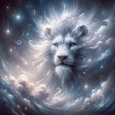 Lion: The primary subject of the image is a lion, which is the main focus of the scene.

Setting/background: The lion is surrounded by a blue and white cloudy sky, which serves as the backdrop for the image.

Visual style: The image is a digital art piece, featuring a lion with a flowing mane and a cloudy sky in the background.

Colors and mood: The dominant colors in the image are blue and white, creating a serene and calming